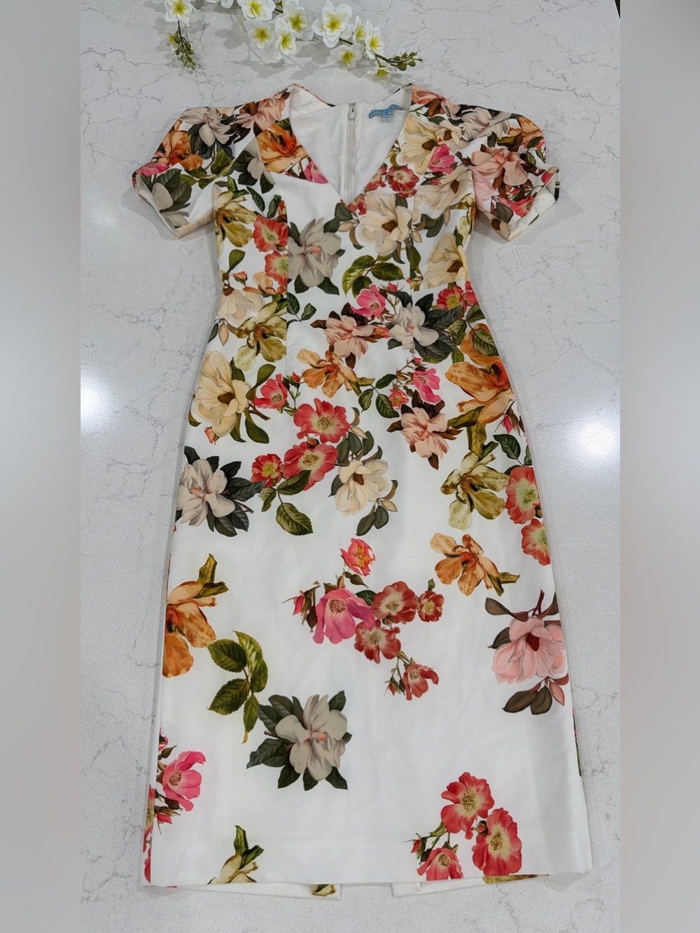ANTONIO MELANI White Floral Midi Dress with Pink, Green & Yellow Accents